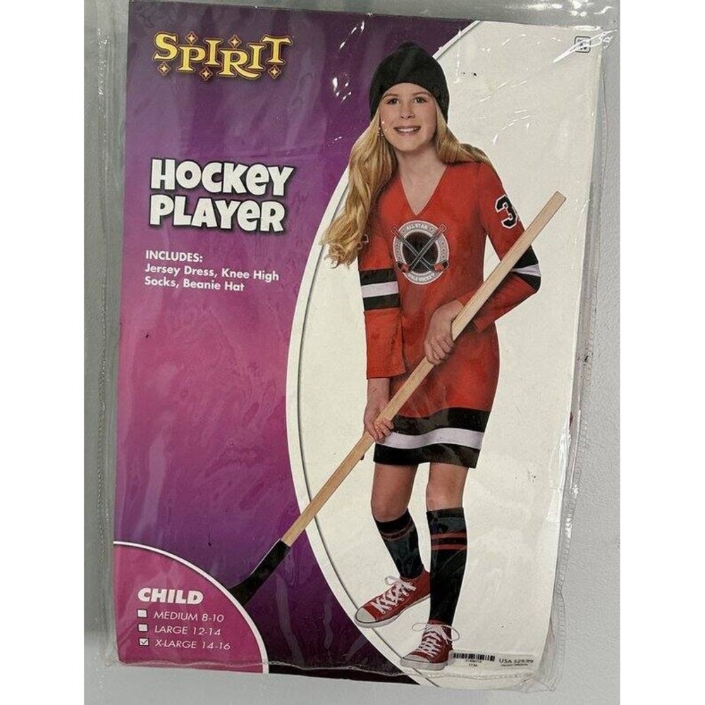 Spirit Halloween Hockey Player Costume Dress Knee High Socks Beanie Hat XL 14 16